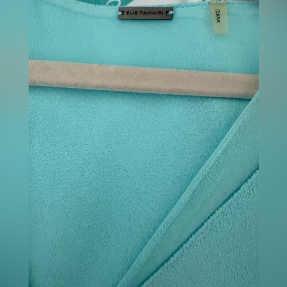 Elie Tahari Sleeveless V-Neck Chiffon Layered Tank - Aqua Blue - Picture 4 of 5